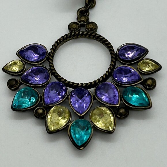 Vintage Rhinestone Dangle Earrings Purple Turquoise Yellow Statement Mardi Gras - Picture 5 of 12